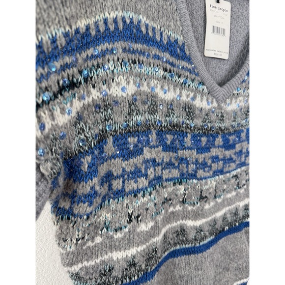 Free People Gray and Blue V-Neck Sweater - Picture 7 of 9